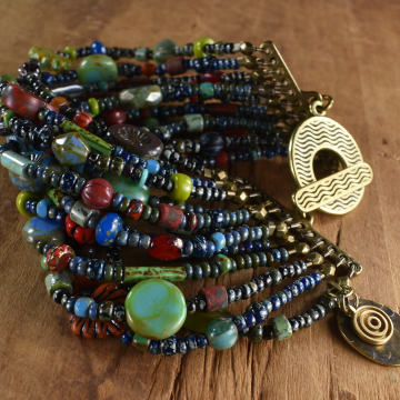 Boho Beaded Bracelet, Multi-Strand, Czech Glass, Blue, Red, Green, Black, Vive la Boheme Collection