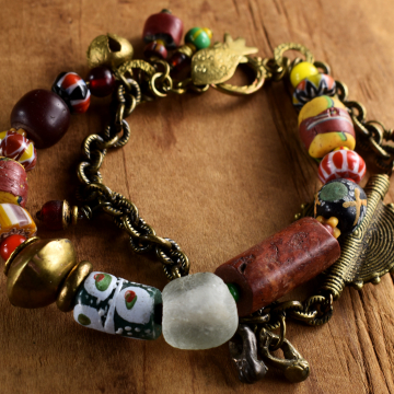 African Trade Bead Bracelet, Recycled Glass, Krobo, Venetian, Bauxite, Baule Brass, Tribal Jewelry
