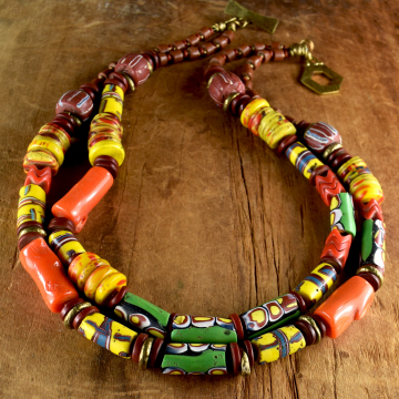 African Yellow Krobo Necklace, Coral, Chunky, Trade Beads, Vintage Venetian, Green, Tribal Jewelry