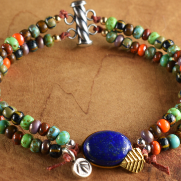 Tribal Beaded Two Strand Bracelet, Lapis Lazuli, Sterling Silver, Colorful, Gold Filled, Tribal Jewelry