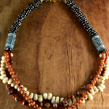 Tribal Beaded Necklace, Orange, Yellow, Amber, Verdigris, Batik, Mykonos, African Jewelry