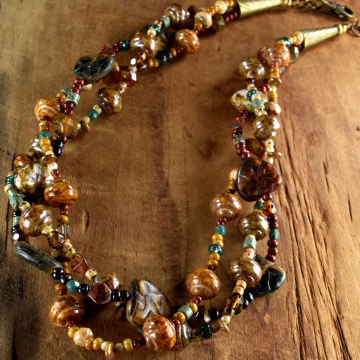 Boho Earth Toned Multi-Strand Necklace, Czech Glass, Blue, Brown, Tribal Jewelry