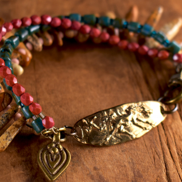 Horse Focal Bracelet, Southwest Bracelet, Artisan Bronze, African, Jasper, Czech Glass, Tribal Jewelry