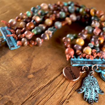 Jasper Multi-Strand Bracelet, Boho Tribal, Turquoise, Mykonos, Verdigris Patina, Orange