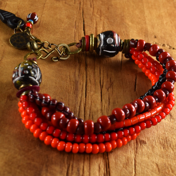Shades of Red Multi-Strand Tribal Bracelet, African Trade Beads, Black, White, Adjustable, Tribal Jewelry