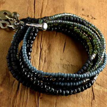 Multi Strand Beaded Bracelet, Black, Smoky Green, 8 Strand, Kuchi Charms, Boho Tribal Jewelry