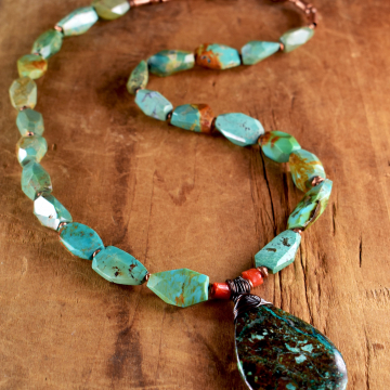 Turquoise Pendant Beaded Necklace, African Turquoise, Tibetan Turquoise, Mediterranean Coral, Orange, Red, Tribal Jewelry