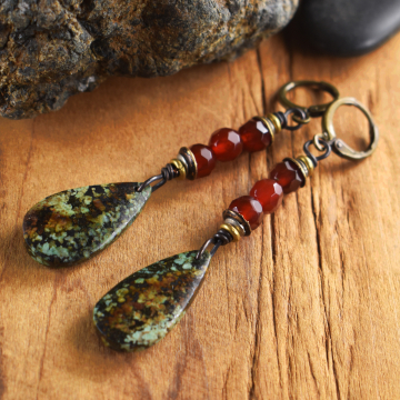 African Turquoise Earrings, Carnelian, Matched Stones, Southwestern Tribal Jewelry African Turquoise Earrings, Carnelian, Matched Stones, Southwestern Tribal Jewelry