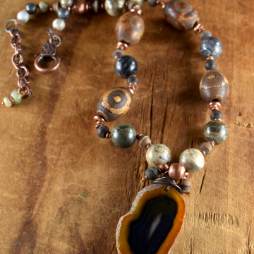 Tribal Agate Pendant Necklace, Agate Slice, Neutral Colors, Artistic Jasper, Copper