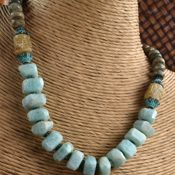 Amazonite Necklace, Nuggets, Pale Blue, Mykonos, Chrysoprase, Jade, Copper, Tribal Jewelry