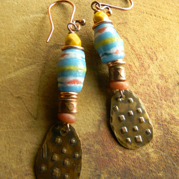 Tribal Earrings, Blue Krobo, Tribal Jewelry, Rustic Copper, Handmade Jewelry