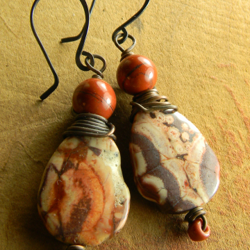Tribal Stone Earrings, Birds Eye Rhyolite, Red Jasper, Earth Tones, Copper Wire Wrapped