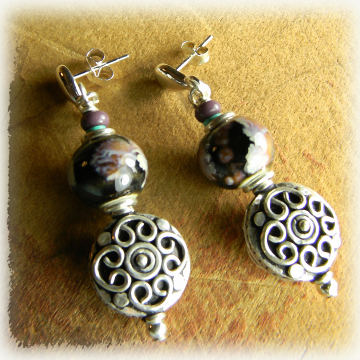 Sterling Silver Earrings, Beaded, Posts, Ceramic, Black, Purple, Violet, Boho Tribal Jewelry