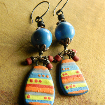 Colorful Statement Earrings, Stripe, Boho, Artisan Ceramic, Blue, Copper Jewelry