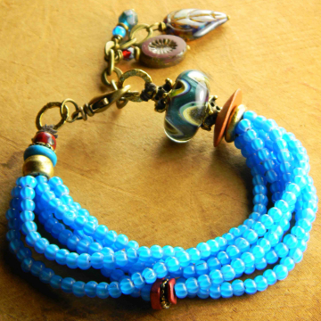 Trade Bead Multi-Strand Bracelet, Blue, Artisan Lampwork Glass, Brass, Tribal Jewelry