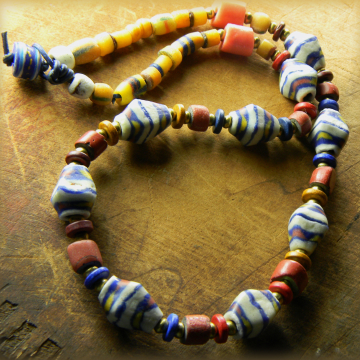 African Krobo Necklace, Tribal, Red, Blue, Yellow,  Leather, Handmade, Beaded Jewelry