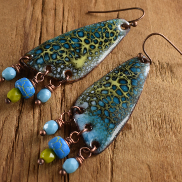 Copper Enamel Chandelier Earrings, Blue, Lime Green, Czech Glass, Boho Tribal Jewelry