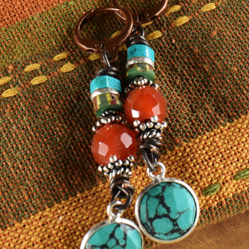 Blue Turquoise Beaded Earrings, Sterling Silver, Carnelian, Striped Aja Beads, Copper