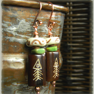 Fish Earrings, Primitive, Carved Bone, Brown, Green, Boho, Southwestern, Tribal Jewelry