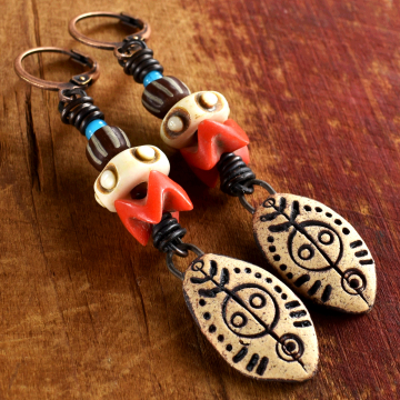 Bone Tribal Earrings, Artisan Ceramic, Handmade, Natural, Red, Brown, Primitive Tribal Jewelry