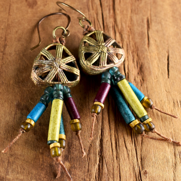 Baule Brass Earrings, African, Colorful, Mykonos, Blue, Green, Handmade Tribal Jewelry
