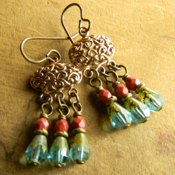 Artisan Chandelier Earrings, Bronze, Aqua, Sienna, Feminine, Flirty, Small, Hypoallergenic