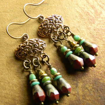 Artisan Bronze Earrings Boho Chandelier Red Faceted Picasso Czech Glass