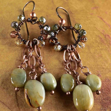 Cat's Eye Beaded Earrings, Rustic Chandelier Earrings, Indian Summer, Antique Copper