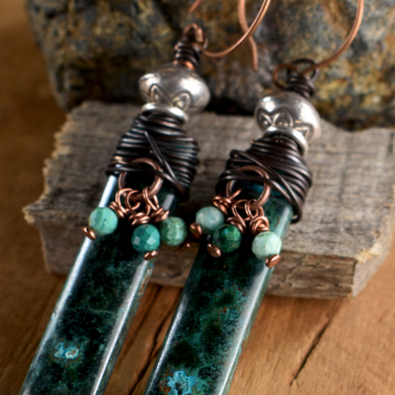 Chrysocolla Earrings, Hill Tribe Silver, Matched Stones, Wire Wrapped, Green, Blue, Copper, Tribal Jewelry