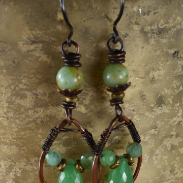 Green Chrysoprase Dangle Earrings, Southwestern Earrings, Copper Wire Wrap, Boho, Tribal, Hippie Earrings