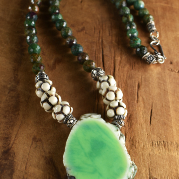 Natural Chrysoprase Pendant Necklace, Sterling Silver, Jasper, Bone, Pale Green, Boho Tribal Jewelry