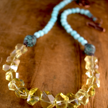Citrine Nugget Necklace, Mykonos Greek, Yellow, Blue Amazonite, Copper, Verdigris, Boho Tribal Jewelry