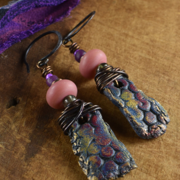 Rustic Pink Lampwork Earrings, Purple, Mauve, Textured Polymer Clay, Boho Style Jewelry