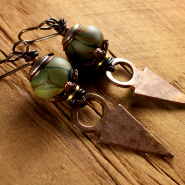 Copper Talhakimt Earrings, Lampwork Glass, Olive Green, Jungle Pattern, Tribal Jewelry