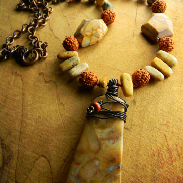 Agate Pendant Necklace, Crazy Lace Agate, Extra Long, Yellow, Rust, Tribal Jewelry