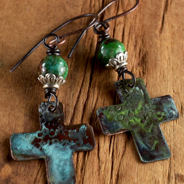 Western Copper Cross Earrings, Verdigris Patina, Turquoise, Hill Tribe Silver, Handmade, Tribal Jewelry