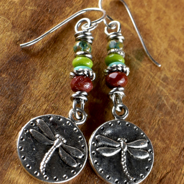 Dragonfly Earrings, Boho, Colorful Beaded Earrings, Dangle Earrings, Red, Green, Pewter
