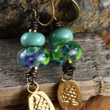 Artisan Fish Charm Earrings, Handmade Lampwork Glass, Blue, Purple, Green, Bronze, Boho Earrings