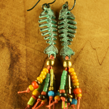 Fish Earrings, Tribal Earrings, Fish Skeleton, Mykonos, Verdigris Patina, Colorful Fringe