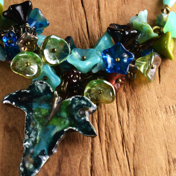 Flower Cluster Pendant Necklace, Artisan Ceramic, Czech Flower Beads, Colorful, Boho Necklace