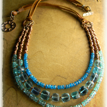 Fluorite Apatite Multi-Strand Necklace with Deerskin Leather