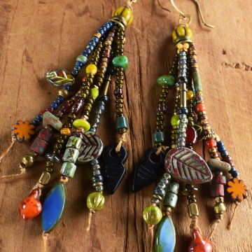 Colorful Boho Beaded Earrings, Fringe, Czech Glass, Yellow, Red, Blue Tribal Jewelry