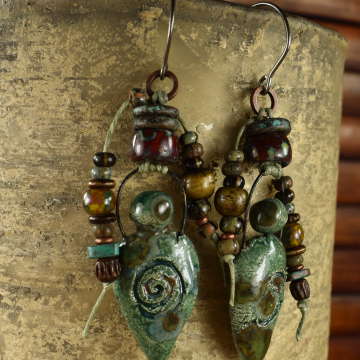 Goddess Earrings, Primitive, Tribal Jewelry, Roman, Aged, Ancient, Pagan, Blue/Green, Beaded Earrings