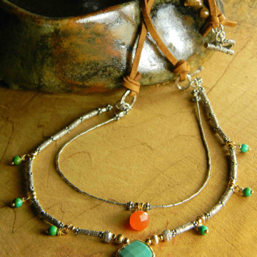 Southwest Turquoise Necklace, Multi-Strand, Orange  Carnelian, Hill Tribe Silver, Gold Filled