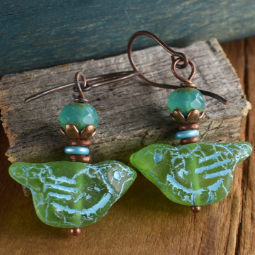 Boho Bird Earrings, Green, Blue, Czech Glass, Copper, Bohemian Jewelry Boho Bird Earrings, Green, Blue, Czech Glass, Copper, Bohemian Jewelry