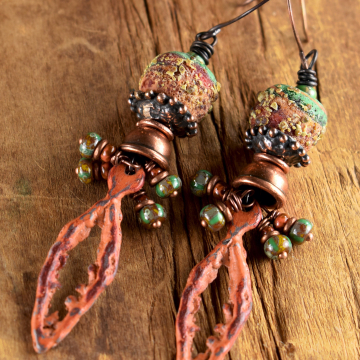 Rust Green Lampwork Earrings, Handmade, Inviciti, Artisan, Boho Tribal Jewelry