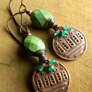 Green Turquoise Drop Earrings, Green Onyx, Southwest, Tribal Jewelry, Copper Jewelry
