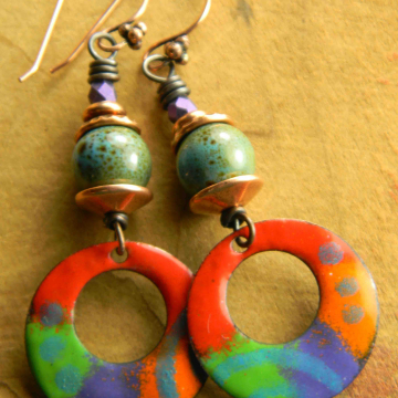 Colorful Statement Earrings, Copper Enamel, Red, Green, Boho, Tribal Jewelry