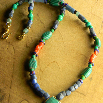 Southwest Turquoise Necklace, Colorful Stones, Gold Vermeil, Tribal Jewelry, Trade Bead Necklace