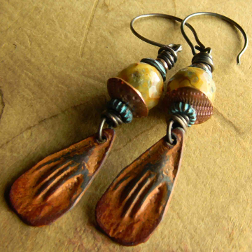 Rustic Agate Earrings, Hand Charms, Tribal Jewelry, Rust Patina, Inviciti Earrings, Crazy Lace Agate